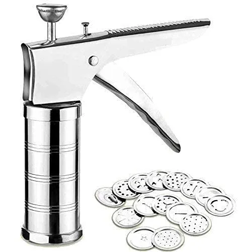 Stainless Steel Kitchen Press with 15 Different Types of Jalies, Murukku Maker Bhujiya Maker Noodles Cookies Namkeen Chakali Maker Sev Maker Farsan Maker Gathiya Maker (1)